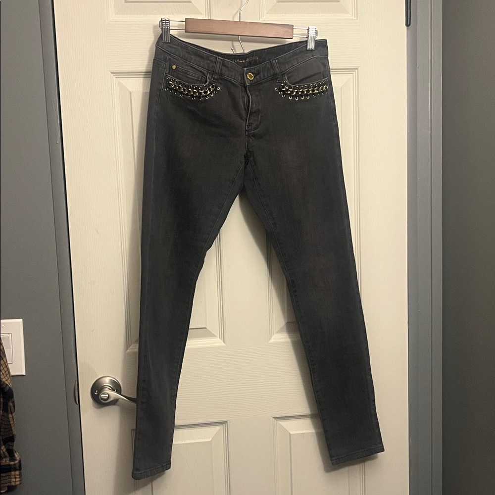 Michael Kors Dark Gray Skinny Jeans with Gold Chains